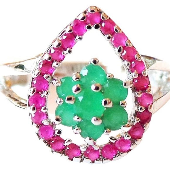 Natural Emerald & Ruby 925 Sterling Silver 14k Gold Plated Ring 7